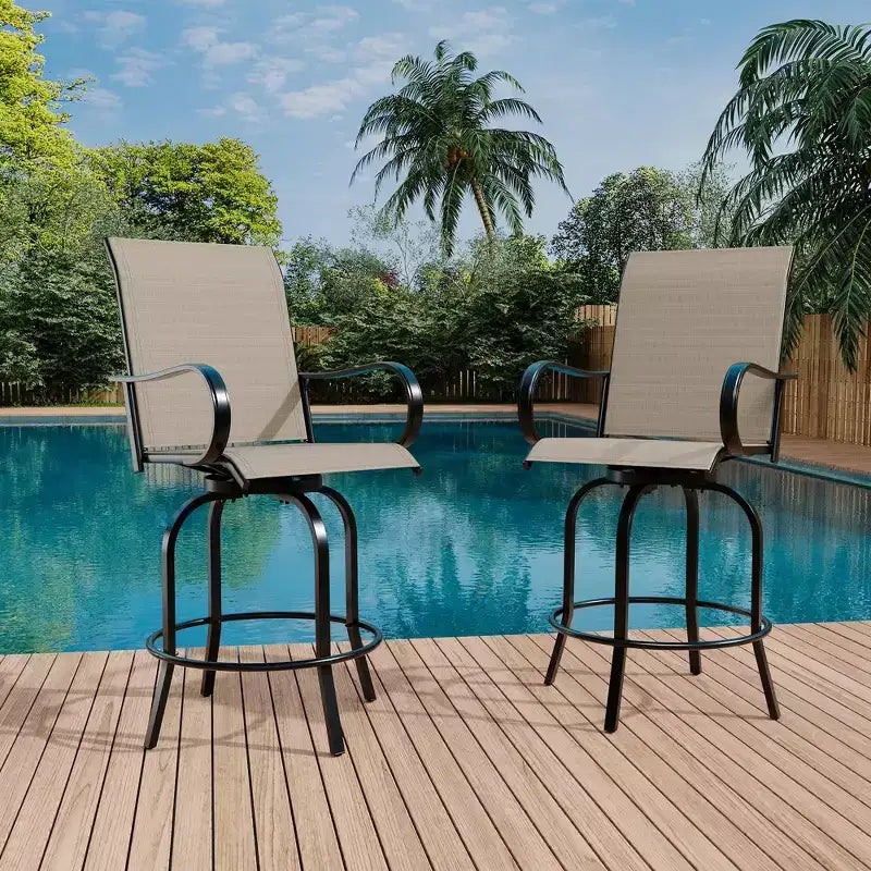 Lot de 2 tabourets de bar pivotants d'extérieur toutes saisons – Chaises de terrasse à dossier haut avec accoudoirs, hauteur comptoir pour terrasse, patio ou jardin