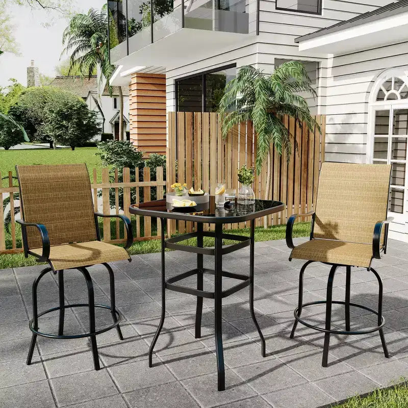 Lot de 2 tabourets de bar pivotants d'extérieur toutes saisons – Chaises de terrasse à dossier haut avec accoudoirs, hauteur comptoir pour terrasse, patio ou jardin