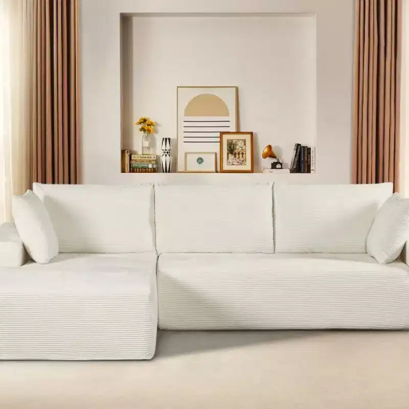 Divano componibile moderno convertibile Whisen da 108'', accogliente divano letto con chaise longue a destra in morbido tessuto a coste, nessun assemblaggio richiesto