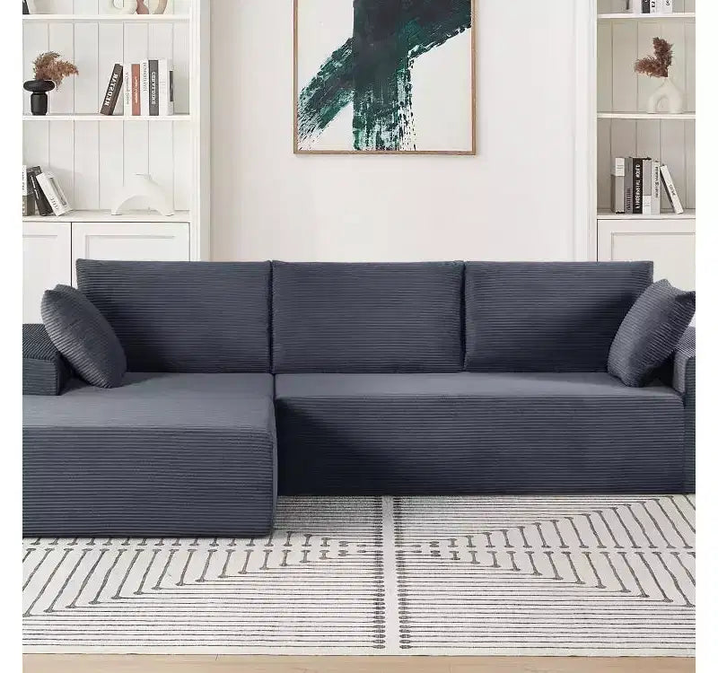 Divano componibile moderno convertibile Whisen da 108'', accogliente divano letto con chaise longue a destra in morbido tessuto a coste, nessun assemblaggio richiesto