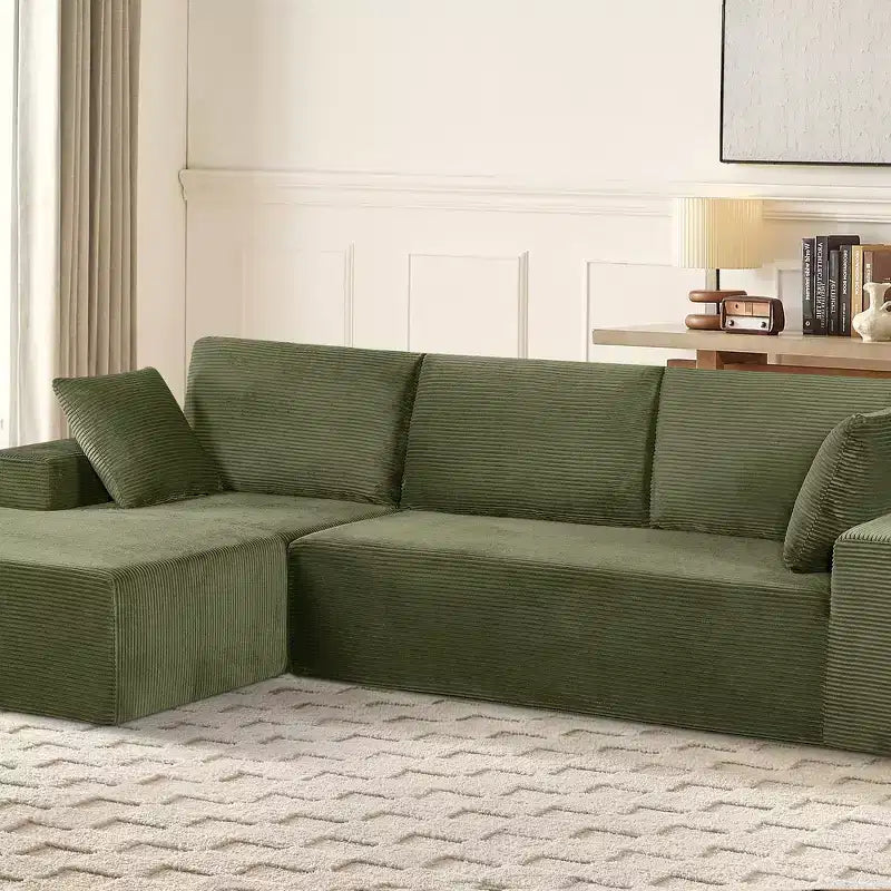 Divano componibile moderno convertibile Whisen da 108'', accogliente divano letto con chaise longue a destra in morbido tessuto a coste, nessun assemblaggio richiesto