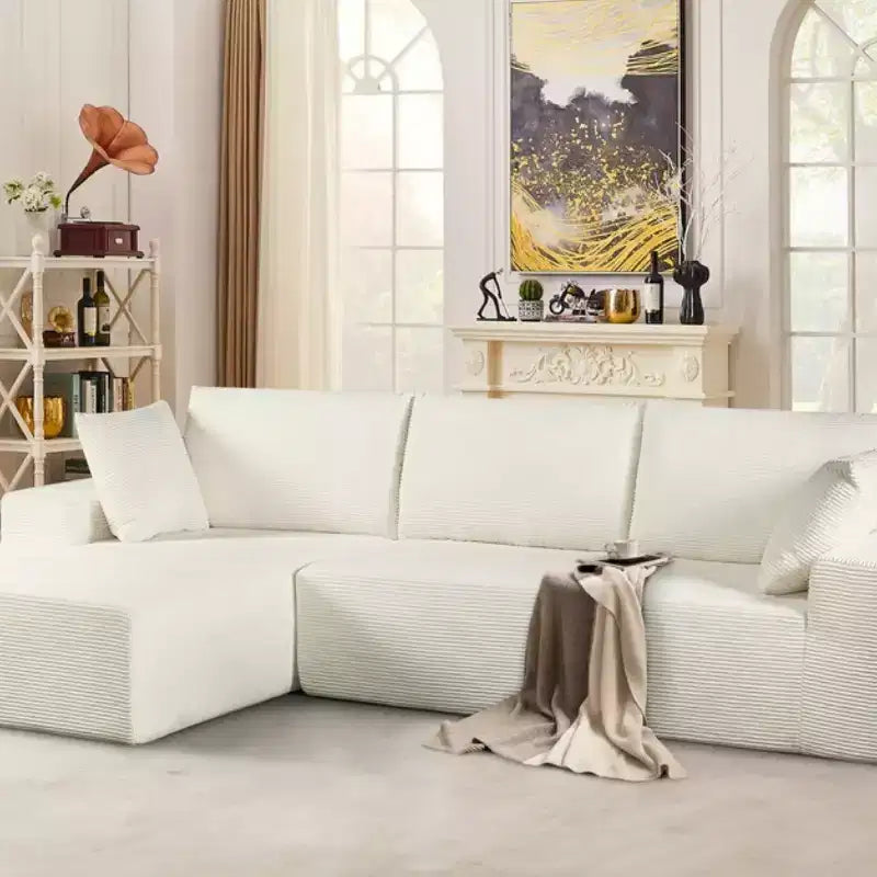 Divano componibile moderno convertibile Whisen da 108'', accogliente divano letto con chaise longue a destra in morbido tessuto a coste, nessun assemblaggio richiesto
