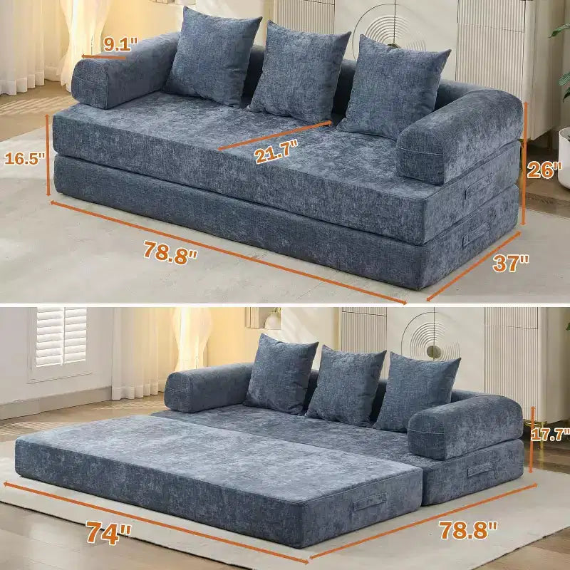 MooxvMoo Divano Letto Convertibile 4 in 1, Letto Divano Pieghevole da Terra con Braccioli e Cuscino, Nessun Montaggio Richiesto, Comodo Divano in Memory Foam, Blu