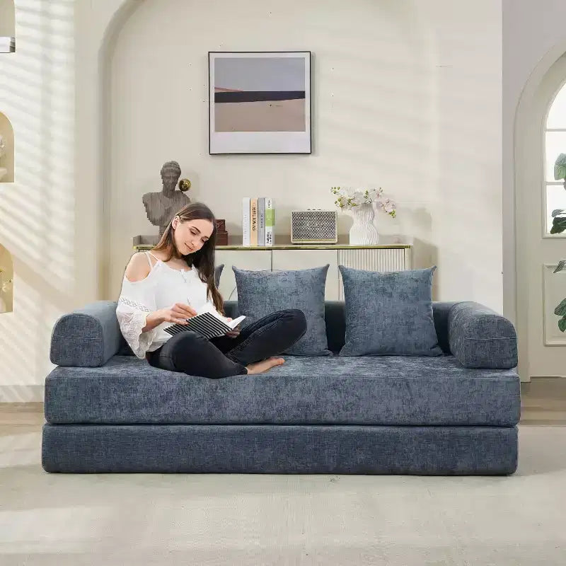 MooxvMoo Divano Letto Convertibile 4 in 1, Letto Divano Pieghevole da Terra con Braccioli e Cuscino, Nessun Montaggio Richiesto, Comodo Divano in Memory Foam, Blu