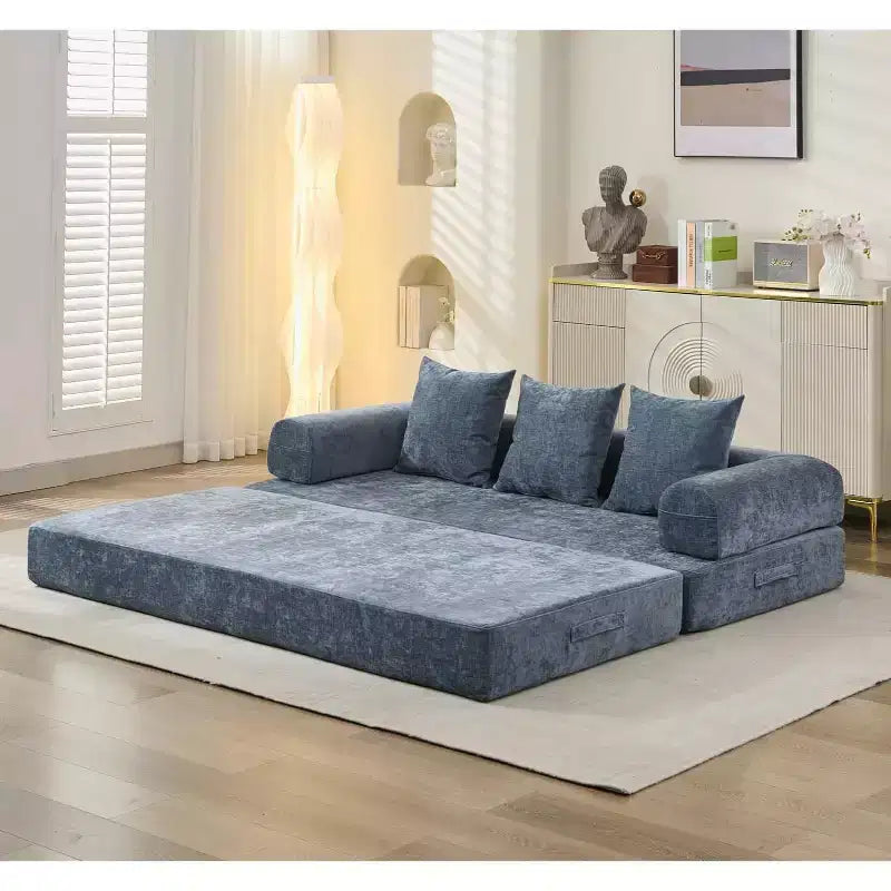 MooxvMoo Divano Letto Convertibile 4 in 1, Letto Divano Pieghevole da Terra con Braccioli e Cuscino, Nessun Montaggio Richiesto, Comodo Divano in Memory Foam, Blu