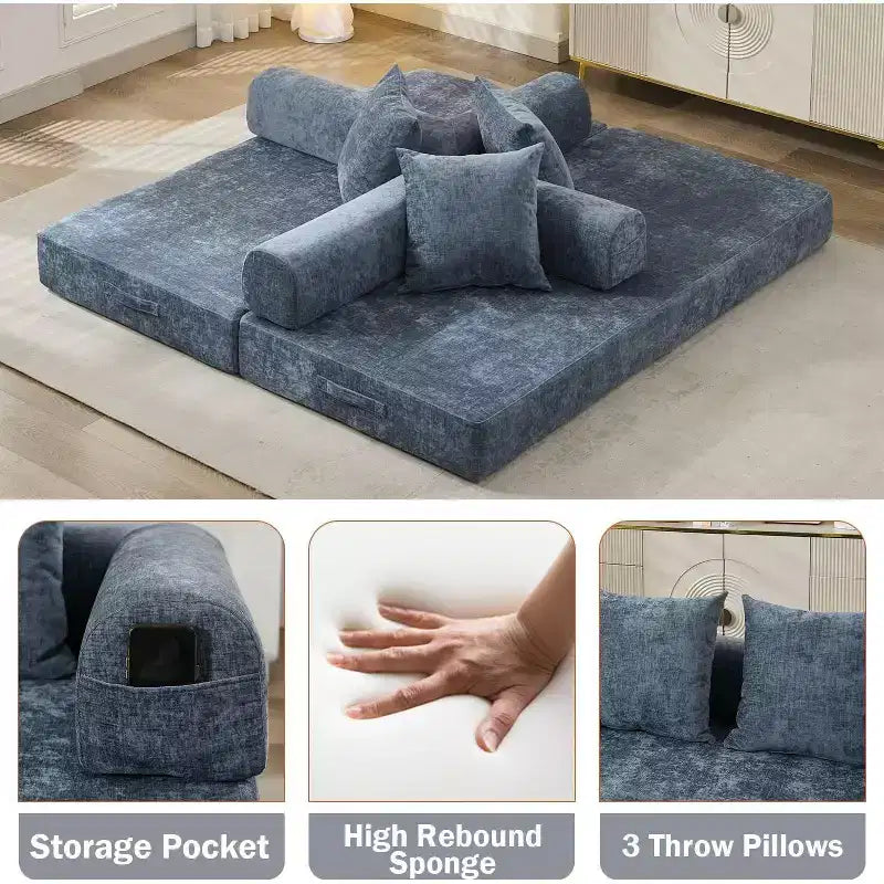 MooxvMoo Divano Letto Convertibile 4 in 1, Letto Divano Pieghevole da Terra con Braccioli e Cuscino, Nessun Montaggio Richiesto, Comodo Divano in Memory Foam, Blu