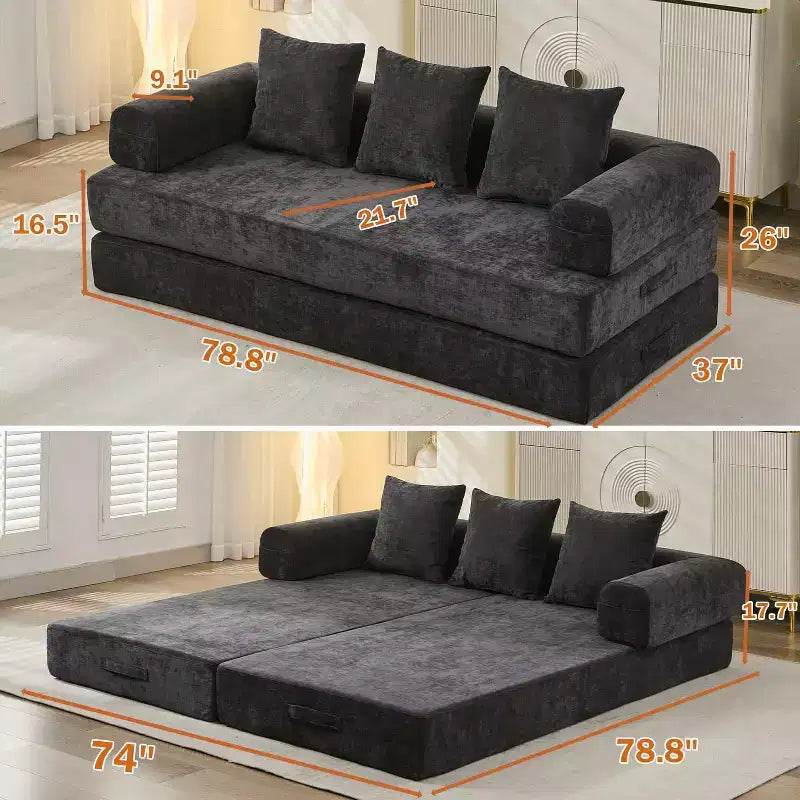 Divano Letto Convertibile 4 in 1 MooxvMoo, Divano Letto Pieghevole da Terra con Braccioli e Cuscino, Nessun Montaggio Richiesto, Comodo Divano in Memory Foam, Nero