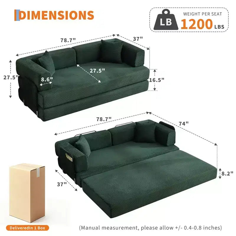 Divano Letto Trasformabile 5-in-1, Divano Futon Oversize in Corduroy da 78,8 Pollici, Schienale Regolabile, Cuscino, Nessun Montaggio, Lounge Modulare Salvaspazio