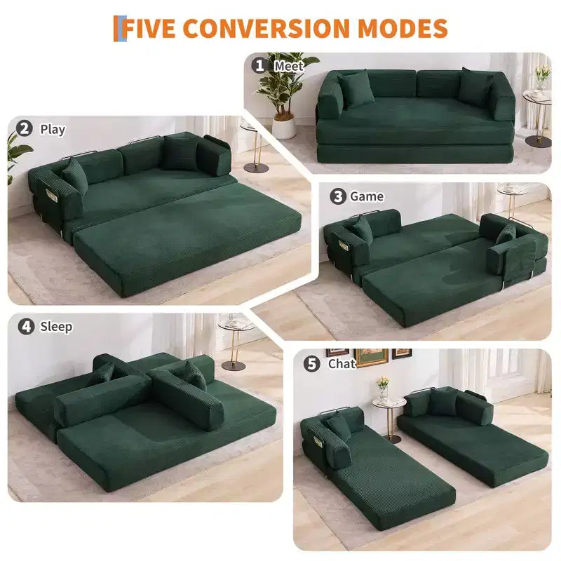 Divano Letto Trasformabile 5-in-1, Divano Futon Oversize in Corduroy da 78,8 Pollici, Schienale Regolabile, Cuscino, Nessun Montaggio, Lounge Modulare Salvaspazio