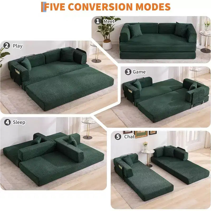 Canapé-lit convertible 5 en 1, couchage en velours côtelé de 198 cm avec cadre robuste, aucun assemblage requis, pour petits espaces et chambres d'amis