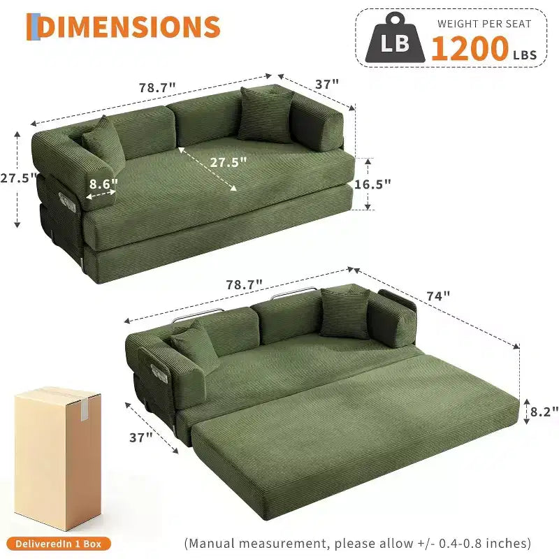 Canapé-lit convertible 5 en 1, couchage en velours côtelé de 198 cm avec cadre robuste, aucun assemblage requis, pour petits espaces et chambres d'amis