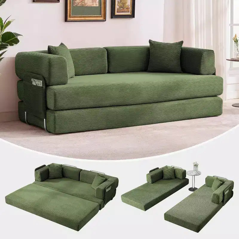 Canapé-lit convertible 5 en 1, couchage en velours côtelé de 198 cm avec cadre robuste, aucun assemblage requis, pour petits espaces et chambres d'amis