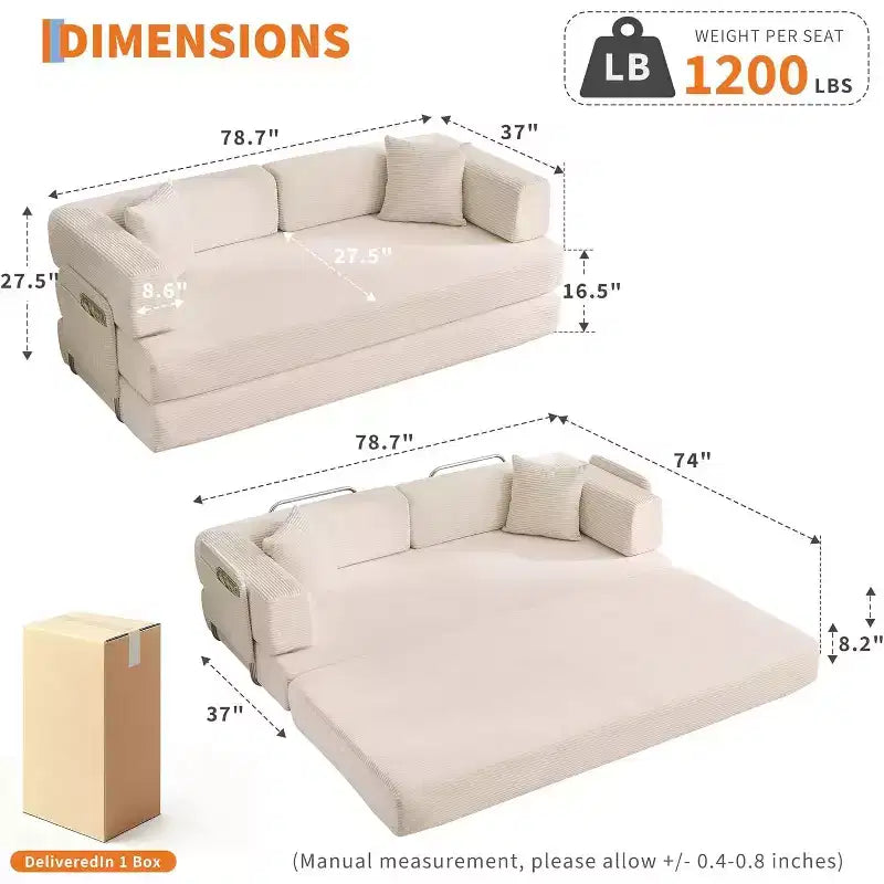 Canapé-lit convertible 5 en 1, couchage en velours côtelé de 198 cm avec cadre robuste, aucun assemblage requis, pour petits espaces et chambres d'amis