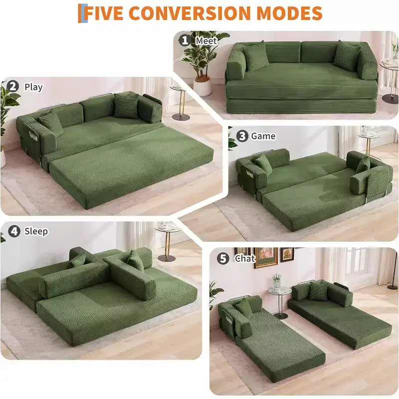 Canapé-lit convertible 5 en 1, couchage en velours côtelé de 198 cm avec cadre robuste, aucun assemblage requis, pour petits espaces et chambres d'amis