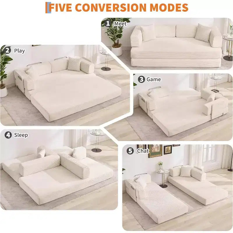 Canapé-lit convertible 5 en 1, couchage en velours côtelé de 198 cm avec cadre robuste, aucun assemblage requis, pour petits espaces et chambres d'amis