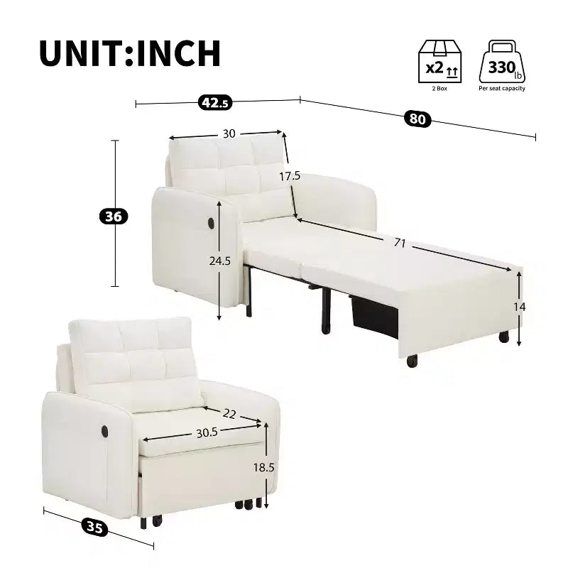Polibi Sedia Letto Trasformabile 3-in-1 con Ricarica USB e Contenitore Nascosto