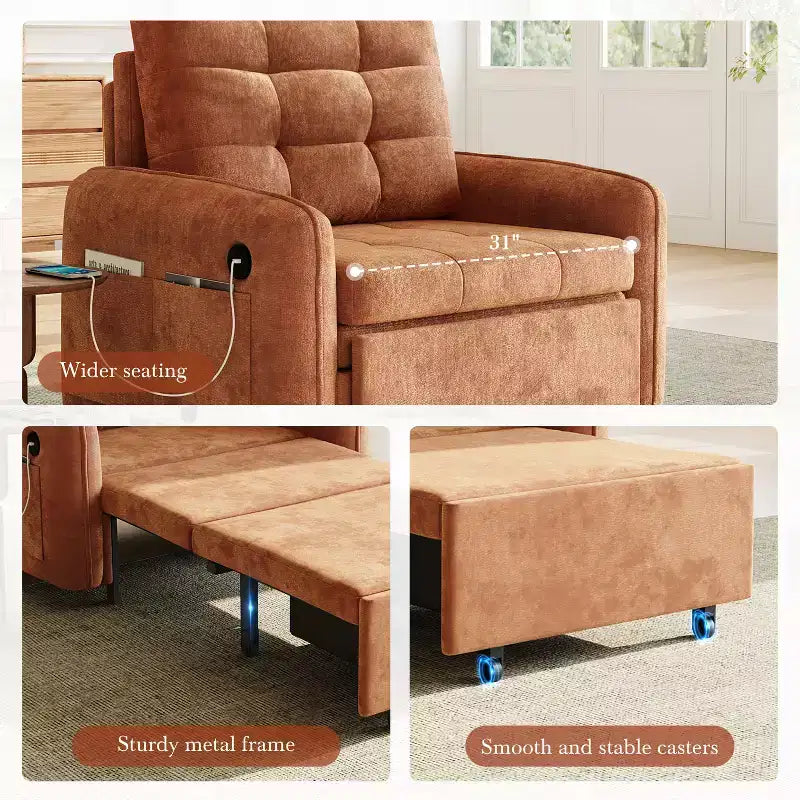Polibi Sedia Letto Trasformabile 3-in-1 con Ricarica USB e Contenitore Nascosto