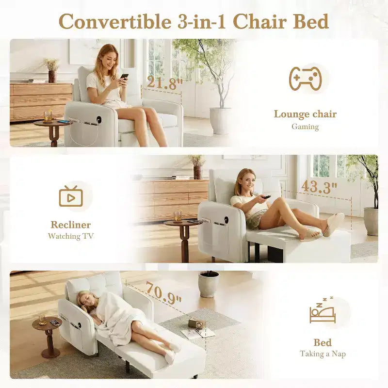 Polibi Sedia Letto Trasformabile 3-in-1 con Ricarica USB e Contenitore Nascosto