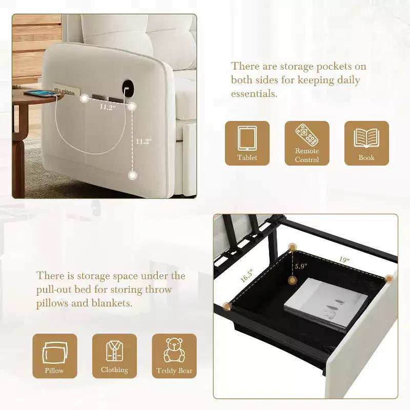 Polibi Sedia Letto Trasformabile 3-in-1 con Ricarica USB e Contenitore Nascosto