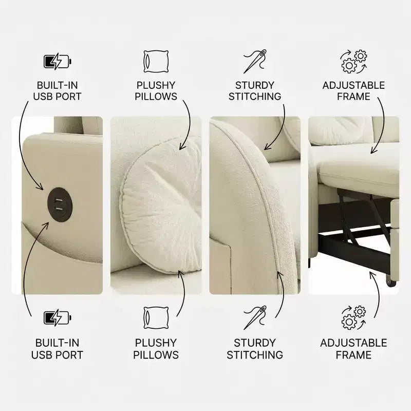 Divano letto convertibile a 2 posti Homy Casa, divanetto imbottito estraibile con porte USB e tasche laterali