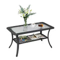 Karl Home | Elegant Black Wicker Side Table with Textured Glass Top and Double Shelf