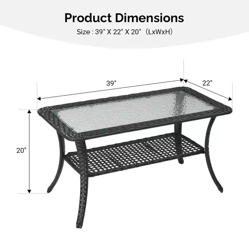 Karl Home | Elegante tavolino laterale in vimini nero con piano in vetro texturizzato e doppio ripiano