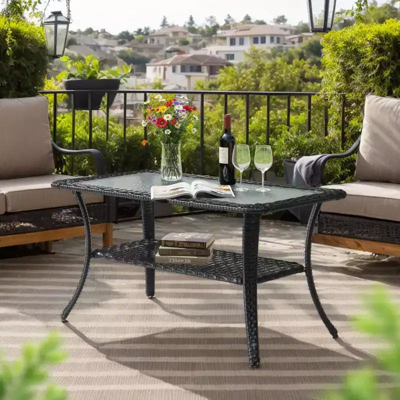 Karl Home | Elegante tavolino laterale in vimini nero con piano in vetro texturizzato e doppio ripiano