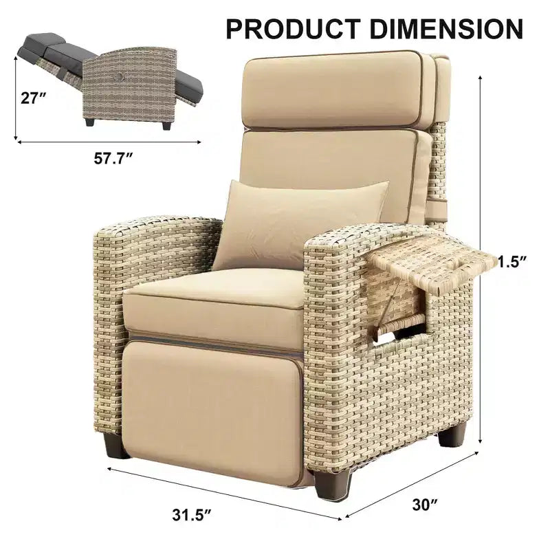 Sedia a Sdraio da Esterno in Rattan, Poltrona Divano in Rattan con Tavolino Laterale Ribaltabile e Cuscini, Rattan PE, Adatta per Cortili, Giardini, Bordi Piscina e Terrazze