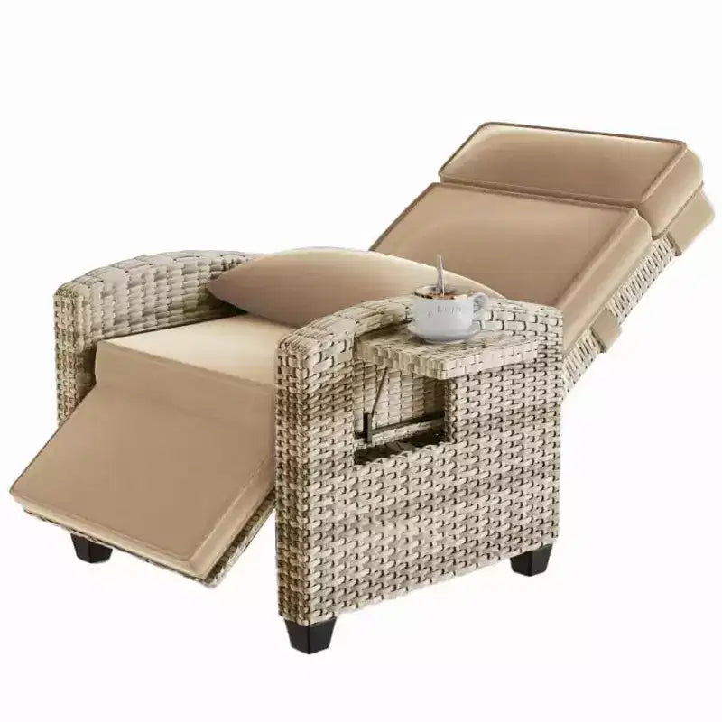Sedia a Sdraio da Esterno in Rattan, Poltrona Divano in Rattan con Tavolino Laterale Ribaltabile e Cuscini, Rattan PE, Adatta per Cortili, Giardini, Bordi Piscina e Terrazze