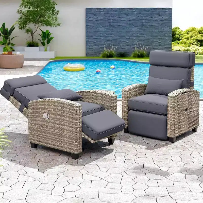 Sedia a Sdraio da Esterno in Rattan, Poltrona Divano in Rattan con Tavolino Laterale Ribaltabile e Cuscini, Rattan PE, Adatta per Cortili, Giardini, Bordi Piscina e Terrazze