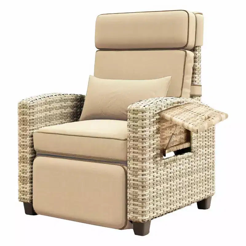 Outdoor Rattan Lounge Chair, Rattan Sofa Chair with Flip-Up Side Table and Cushions, PE Rattan, Suitable for Patios, Gardens, Poolside, and Terraces