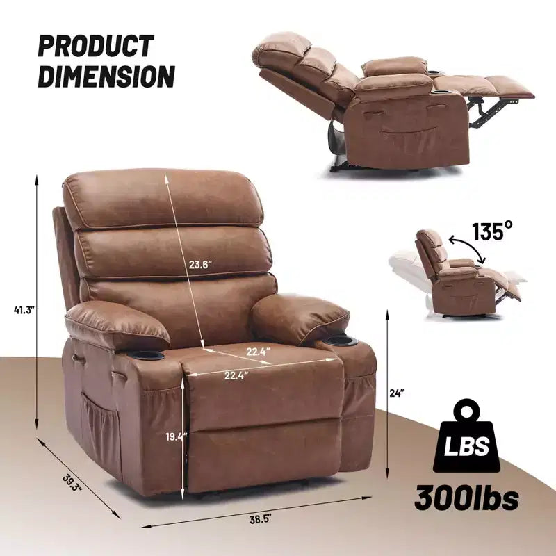 Fauteuil inclinable manuel élargi, grand pouf, cuir PU, avec fonctions de massage et de chauffage, convient aux salons et aux bureaux, marron
