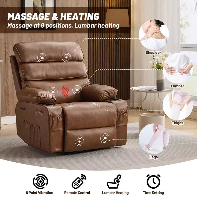 Fauteuil inclinable manuel élargi, grand pouf, cuir PU, avec fonctions de massage et de chauffage, convient aux salons et aux bureaux, marron