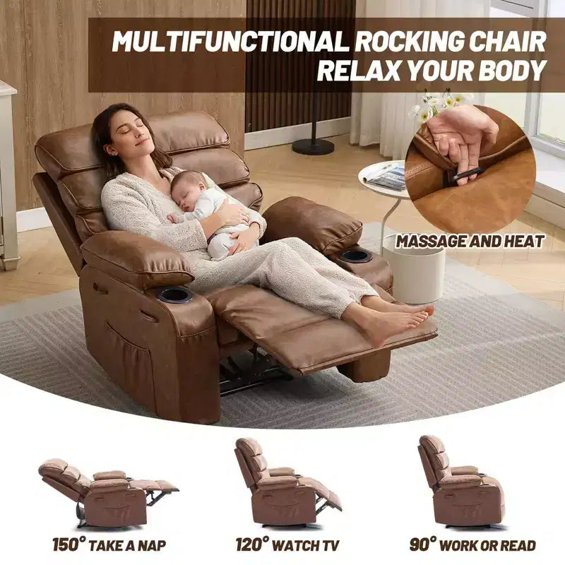Recliner Manuale Allargato, Poltrona Sacco Grande, Pelle PU, con Funzioni Massaggio e Riscaldamento, Adatta per Soggiorni e Uffici, Marrone