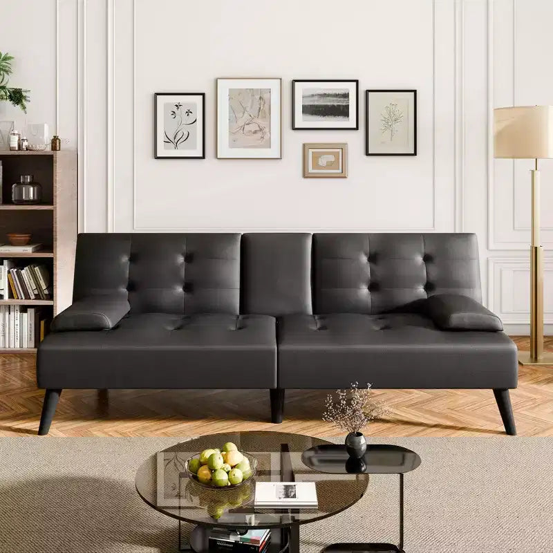 Celebalcony Divano Letto Futon, Divano Pieghevole in Pelle, con Braccioli Rimovibili, Divanetto Imbottito con Portabicchieri Pieghevoli per Casa, Ufficio, Nero