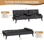 Celebalcony Divano Letto Futon, Divano Pieghevole in Pelle, con Braccioli Rimovibili, Divanetto Imbottito con Portabicchieri Pieghevoli per Casa, Ufficio, Nero