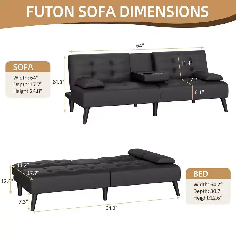 Celebalcony Divano Letto Futon, Divano Pieghevole in Pelle, con Braccioli Rimovibili, Divanetto Imbottito con Portabicchieri Pieghevoli per Casa, Ufficio, Nero