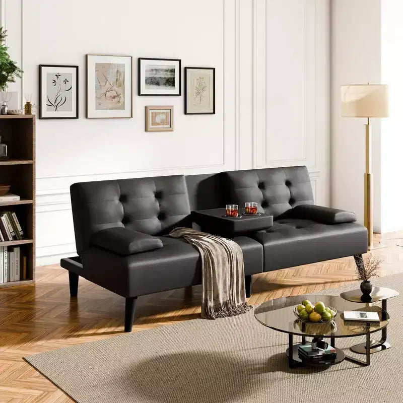 Celebalcony Divano Letto Futon, Divano Pieghevole in Pelle, con Braccioli Rimovibili, Divanetto Imbottito con Portabicchieri Pieghevoli per Casa, Ufficio, Nero