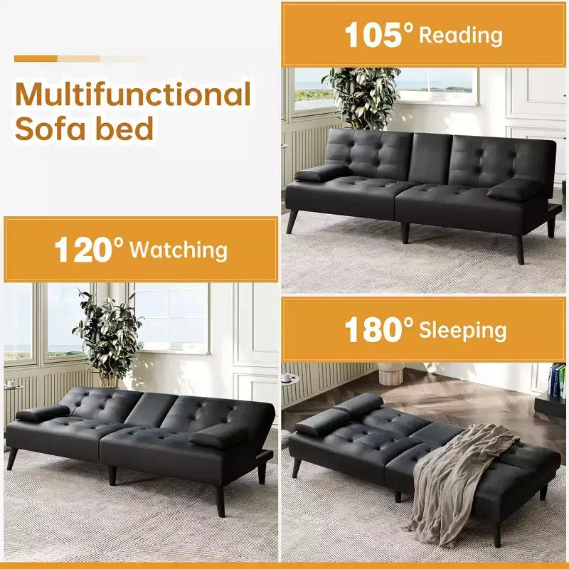 Celebalcony Divano Letto Futon, Divano Pieghevole in Pelle, con Braccioli Rimovibili, Divanetto Imbottito con Portabicchieri Pieghevoli per Casa, Ufficio, Nero