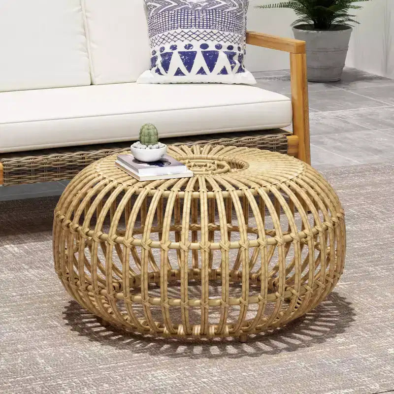 NAYSAYE 30-in Round Patio End Table Coffee Table Faux Rattan Accent Table Indoor Outdoor Side Table Durable and Handcrafted, Brown, 29.5*29.5*15.3