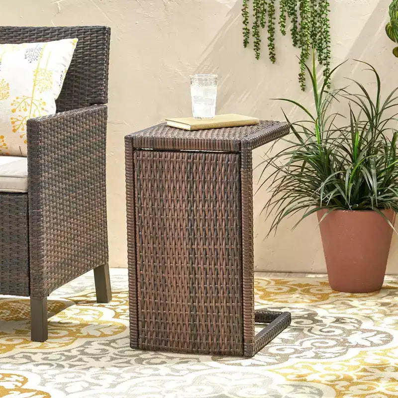 NAYSAYE Tavolino da Esterno a C in Rattan PE, Tavolino Laterale Salvaspazio per Patio Giardino Balcone, Marrone, 14.5*15.5*24