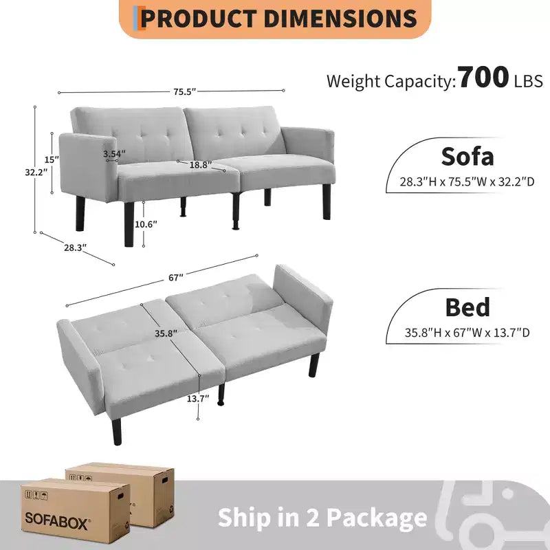Canapé-lit futon convertible 75,5", en cuir PU, avec pieds robustes, canapé-lit de style Mid-Century, causeuse confortable pour salon