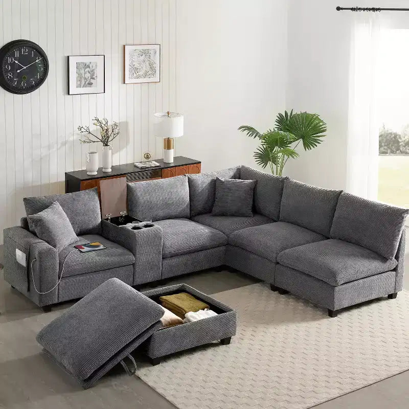 Divano componibile Whisen Chenille e set divano Comfy Cloud con tavolino a scomparsa, portabicchieri e bracciolo contenitore