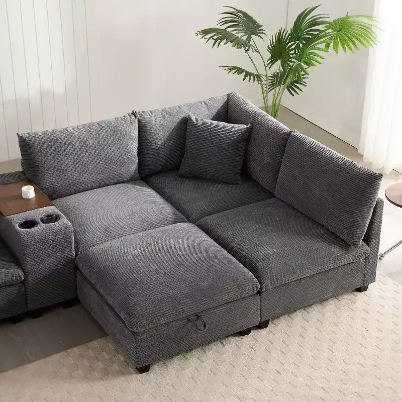 Divano componibile Whisen Chenille e set divano Comfy Cloud con tavolino a scomparsa, portabicchieri e bracciolo contenitore