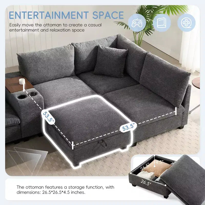 Divano componibile Whisen Chenille e set divano Comfy Cloud con tavolino a scomparsa, portabicchieri e bracciolo contenitore
