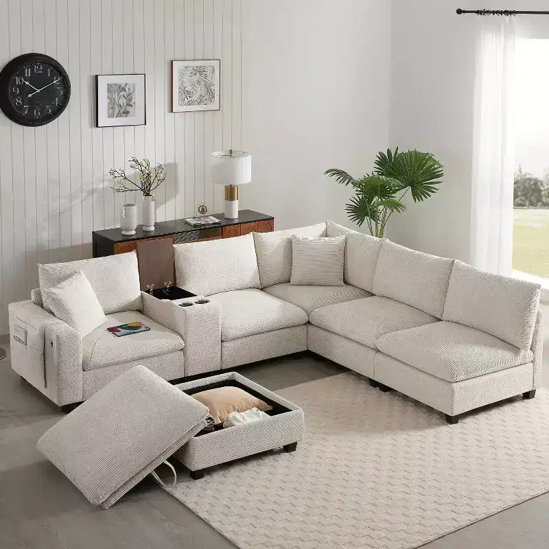 Divano componibile Whisen Chenille e set divano Comfy Cloud con tavolino a scomparsa, portabicchieri e bracciolo contenitore
