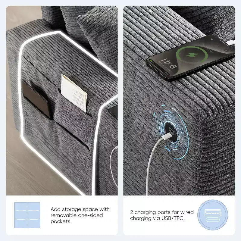 Divano componibile Whisen Chenille e set divano Comfy Cloud con tavolino a scomparsa, portabicchieri e bracciolo contenitore