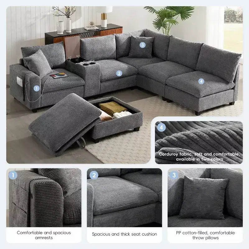Divano componibile Whisen Chenille e set divano Comfy Cloud con tavolino a scomparsa, portabicchieri e bracciolo contenitore