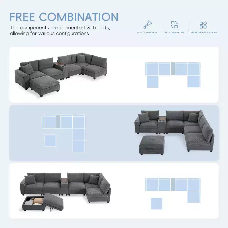 Divano componibile Whisen Chenille e set divano Comfy Cloud con tavolino a scomparsa, portabicchieri e bracciolo contenitore