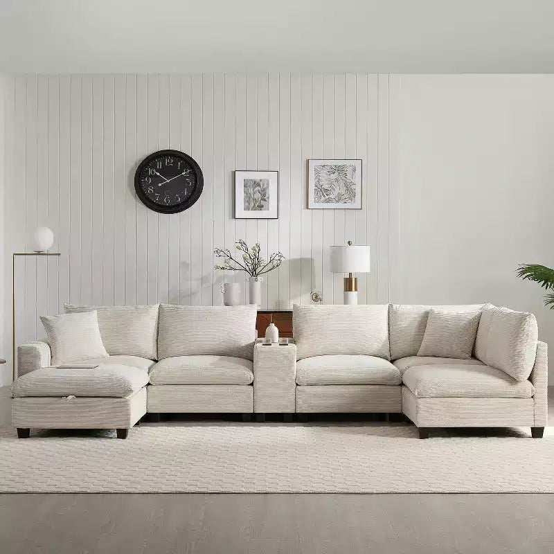 Divano componibile Whisen Chenille e set divano Comfy Cloud con tavolino a scomparsa, portabicchieri e bracciolo contenitore